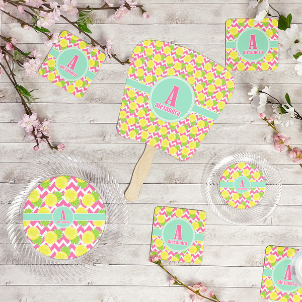Pineapples Party Supplies Combination Image - All items - Plates, Coasters, Fans