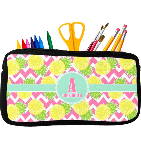 Custom Pineapples Neoprene Pencil Case - Small w/ Name and Initial