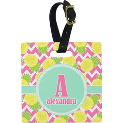 Pineapples Plastic Luggage Tag - Square w/ Name and Initial