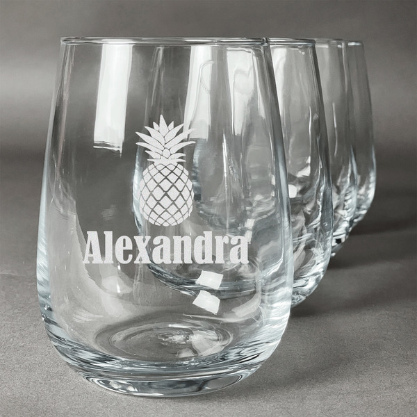 Custom Pineapples Stemless Wine Glasses (Set of 4) (Personalized)