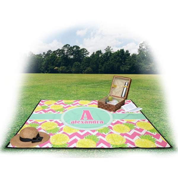 Pineapples Picnic Blanket - with Basket Hat and Book - in Use