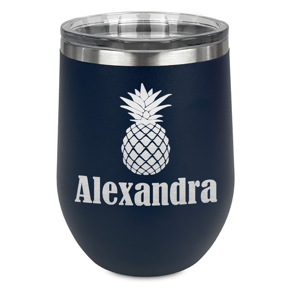 Custom Pineapples Stemless Stainless Steel Wine Tumbler - Navy - Double Sided (Personalized)