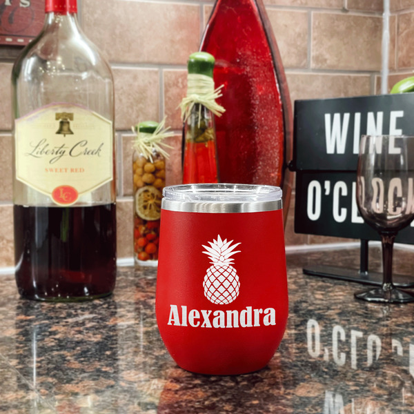 Pineapples Stainless Wine Tumblers - Red - Double Sided - In Context