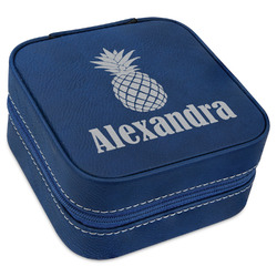 Pineapples Travel Jewelry Box - Navy Blue Leather (Personalized)