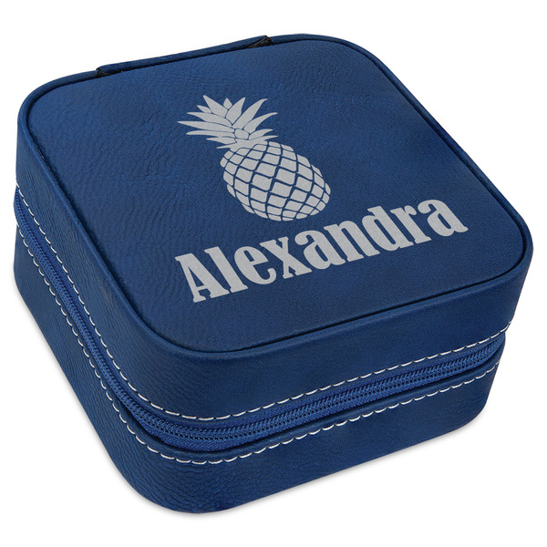 Custom Pineapples Travel Jewelry Box - Navy Blue Leather (Personalized)
