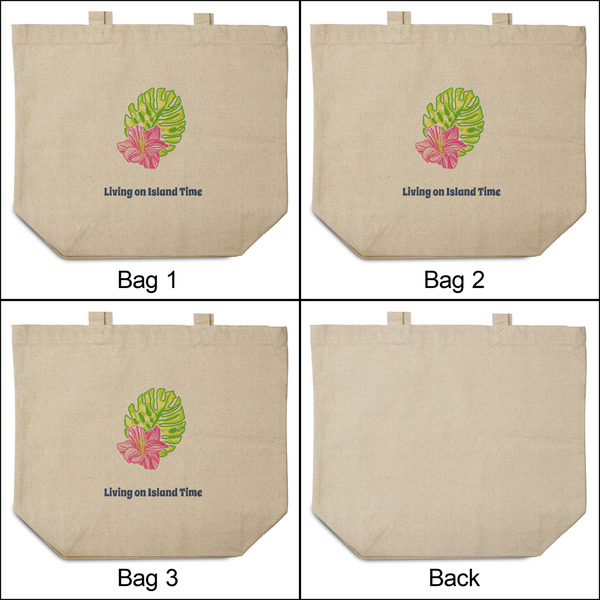 Preppy Hibiscus 3 Reusable Cotton Grocery Bags - Front & Back View