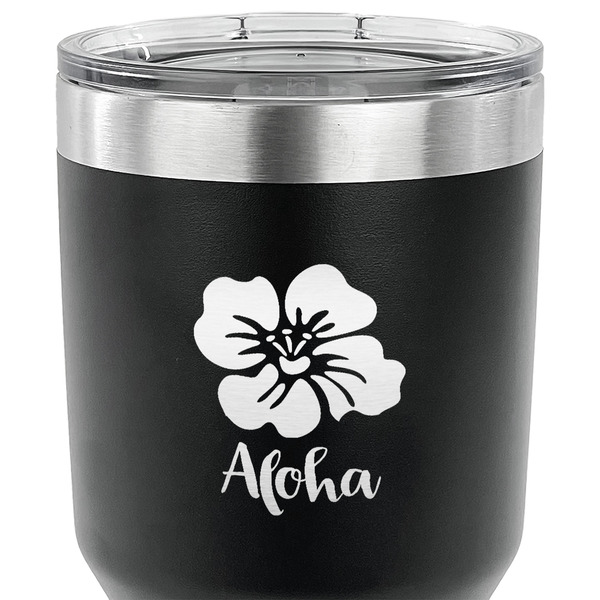 Preppy Hibiscus 30 oz Stainless Steel Ringneck Tumbler - Black - CLOSE UP