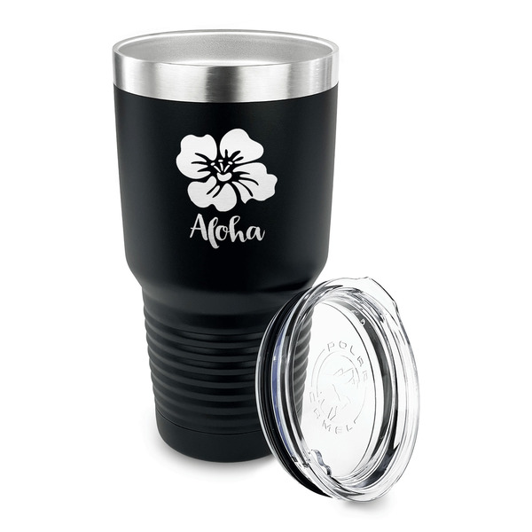 Preppy Hibiscus 30 oz Stainless Steel Ringneck Tumblers - Black - LID OFF