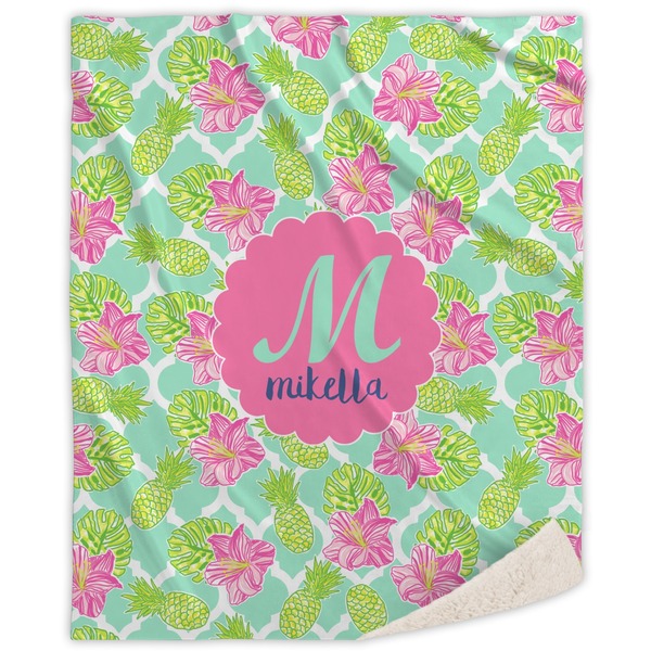 Custom Preppy Hibiscus Sherpa Throw Blanket - 50"x60" (Personalized)