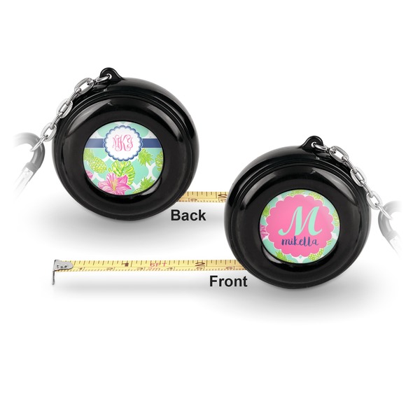 Preppy Hibiscus 6-Ft Pocket Tape Measure with Carabiner Hook - Front and Back