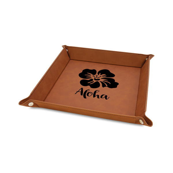 Custom Preppy Hibiscus 6" x 6" Faux Leather Valet Tray w/ Name and Initial