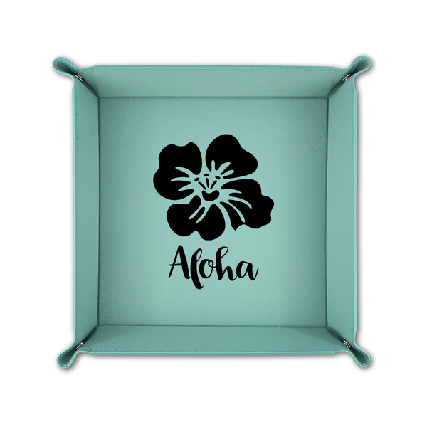 Preppy Hibiscus 6" x 6" Teal Leatherette Snap Up Tray - FOLDED UP