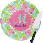Preppy Hibiscus Round Glass Cutting Board - Small (Personalized)