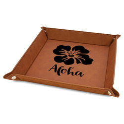 Preppy Hibiscus Faux Leather Dice Tray - 9" x 9" - Rawhide (Personalized)