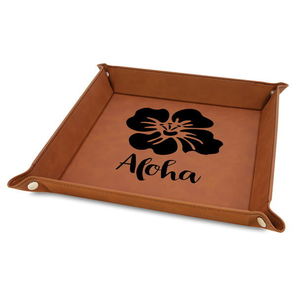 Custom Preppy Hibiscus 9" x 9" Leather Valet Tray w/ Name and Initial