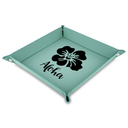 Preppy Hibiscus Faux Leather Dice Tray - 9" x 9"  - Teal (Personalized)