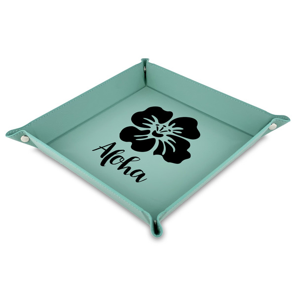Custom Preppy Hibiscus 9" x 9" Teal Faux Leather Valet Tray (Personalized)
