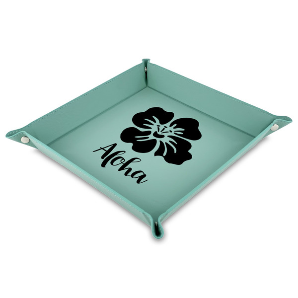 Custom Preppy Hibiscus Faux Leather Dice Tray - 9" x 9"  - Teal (Personalized)