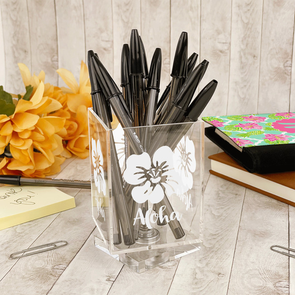 Preppy Hibiscus Acrylic Pencil Holder - IN CONTEXT
