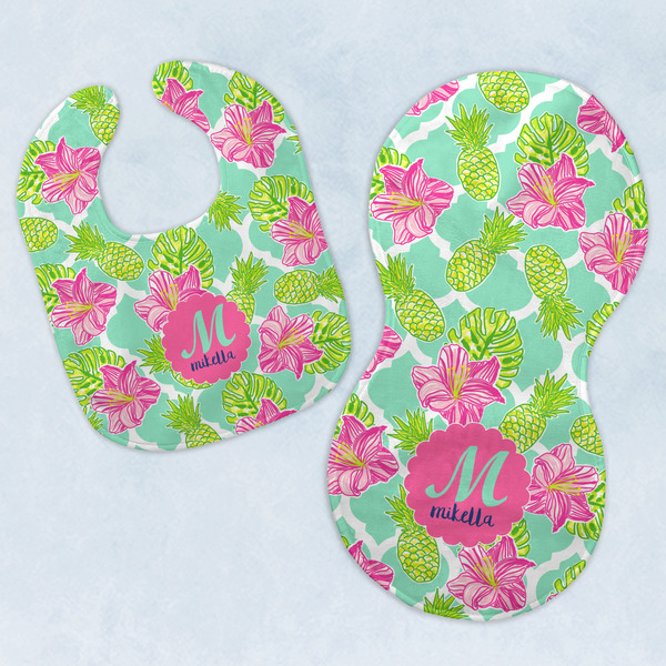 Custom Preppy Hibiscus Baby Bib & Burp Set w/ Name and Initial