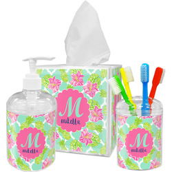 Preppy Hibiscus Acrylic Bathroom Accessories Set w/ Name and Initial