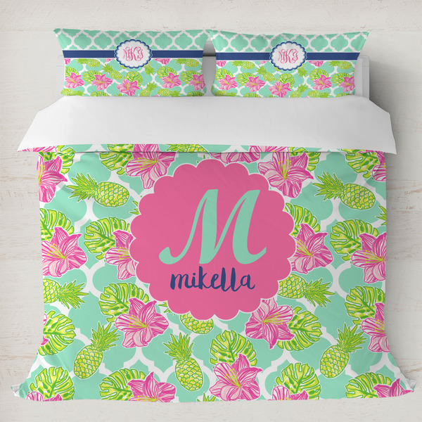 Custom Preppy Hibiscus Duvet Cover Set - King (Personalized)