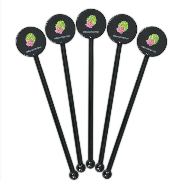 Preppy Hibiscus Black Plastic 5.5" Stir Stick - Round - Fan View