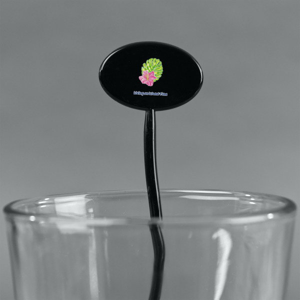 Preppy Hibiscus Black Plastic 7" Stir Stick - Oval - Main