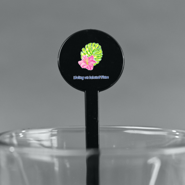 Preppy Hibiscus Black Plastic 7" Stir Stick - Round - Main