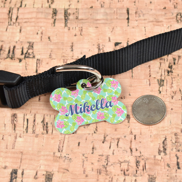 Preppy Hibiscus Bone Shaped Dog ID Tag - Large - In Context