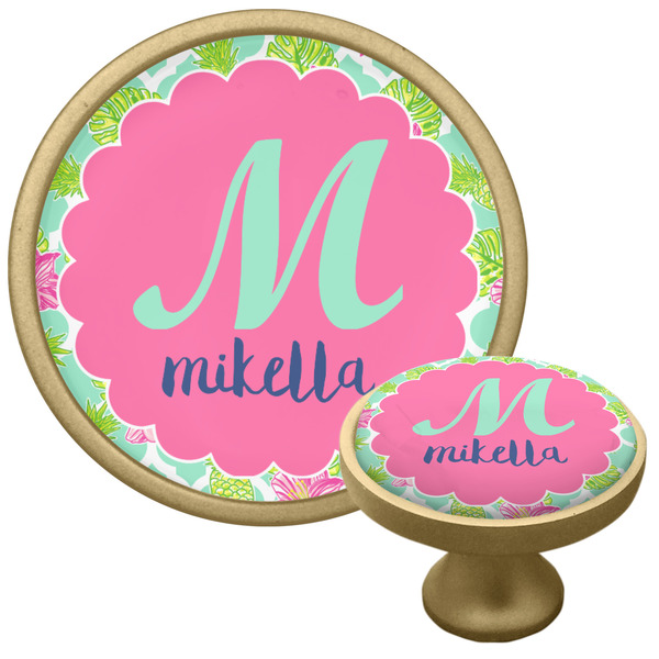 Preppy Hibiscus Cabinet Knob - Gold - Multi Angle