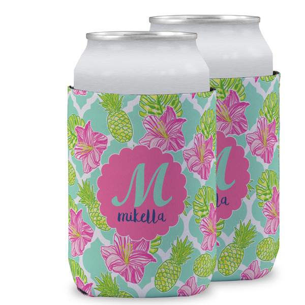 Custom Preppy Hibiscus Can Cooler (12 oz) w/ Name and Initial