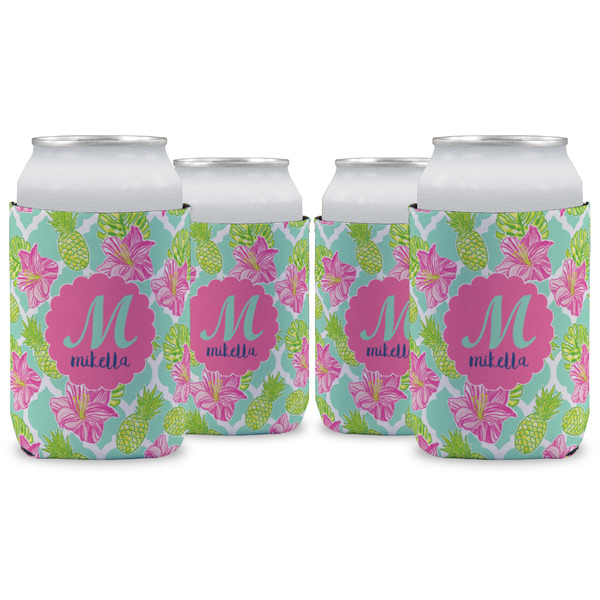 Custom Preppy Hibiscus Can Cooler (12 oz) - Set of 4 w/ Name and Initial