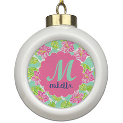 Preppy Hibiscus Ceramic Ball Ornament (Personalized)