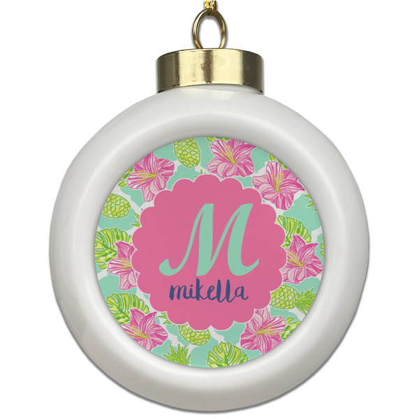 Custom Preppy Hibiscus Ceramic Ball Ornament (Personalized)