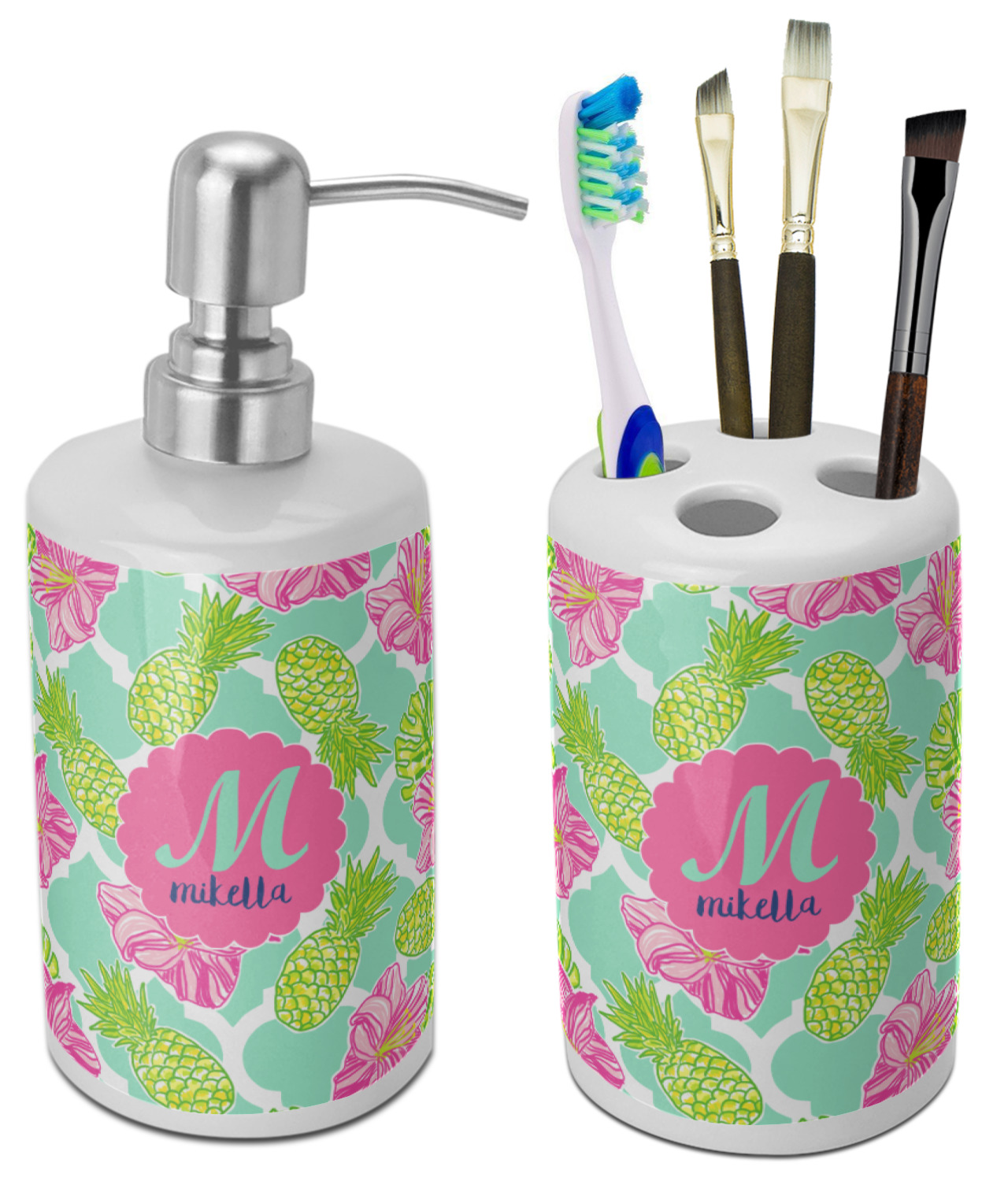 Custom Preppy Hibiscus Ceramic Bathroom Accessories Set (Personalized)