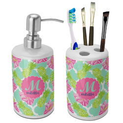 Preppy Hibiscus Ceramic Bathroom Accessories Set (Personalized)
