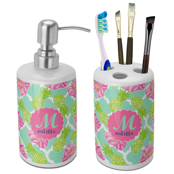 Custom Preppy Hibiscus Ceramic Bathroom Accessories Set (Personalized)