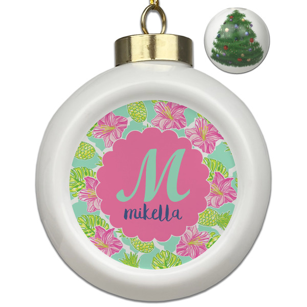 Custom Preppy Hibiscus Ceramic Ball Ornament - Christmas Tree (Personalized)
