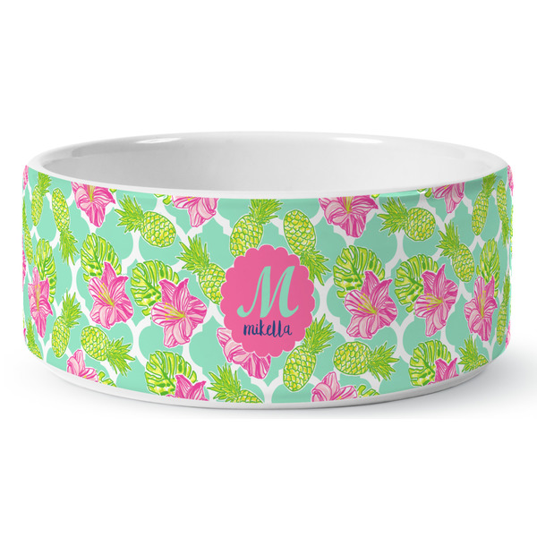 Preppy Hibiscus Ceramic Dog Bowl - Medium - Front