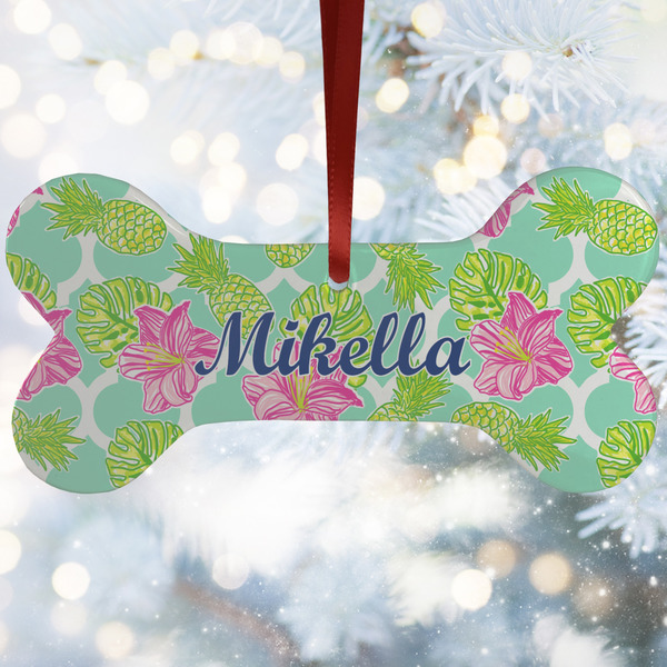 Custom Preppy Hibiscus Ceramic Dog Ornament w/ Name and Initial