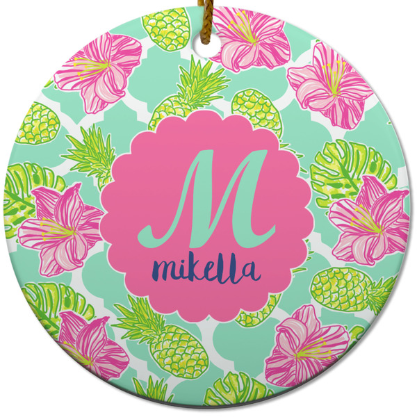 Custom Preppy Hibiscus Round Ceramic Ornament w/ Name and Initial