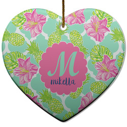 Preppy Hibiscus Heart Ceramic Ornament w/ Name and Initial