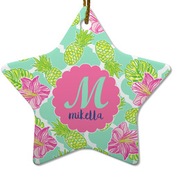 Preppy Hibiscus Star Ceramic Ornament w/ Name and Initial