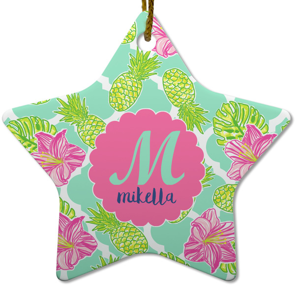 Custom Preppy Hibiscus Star Ceramic Ornament w/ Name and Initial