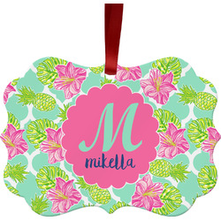 Preppy Hibiscus Metal Frame Ornament - Double Sided w/ Name and Initial
