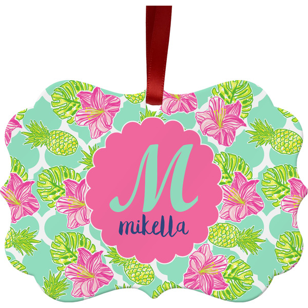 Custom Preppy Hibiscus Metal Frame Ornament - Double Sided w/ Name and Initial