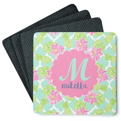 Preppy Hibiscus Square Rubber Backed Coasters - Set of 4 (Personalized)