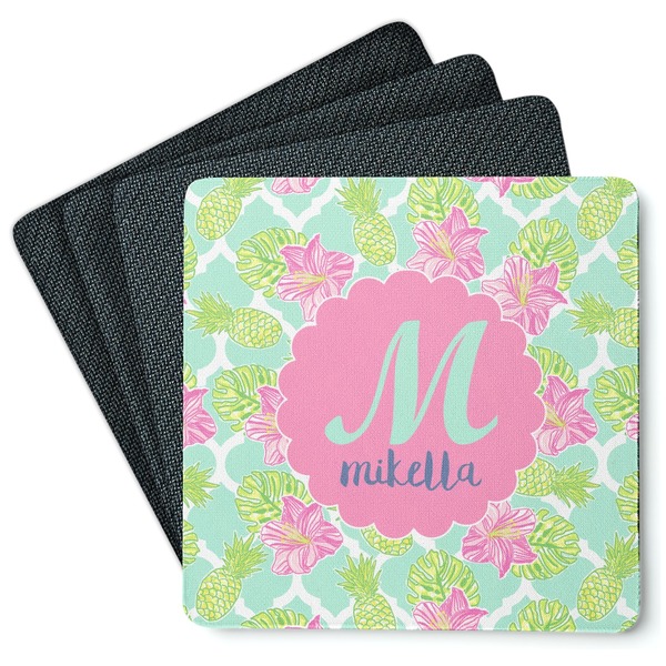 Custom Preppy Hibiscus Square Rubber Backed Coasters - Set of 4 (Personalized)