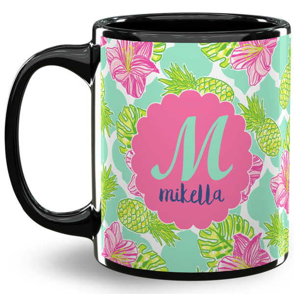 Custom Preppy Hibiscus 11 Oz Coffee Mug - Black (Personalized)
